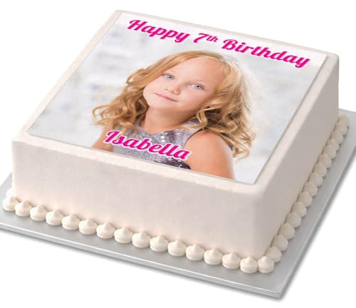 Personalised Photo Cake Topper - Square Edible Premium Icing Sheet, Upload Your Image & Message, Custom Birthday Cake Decoration, Any Size 4-7.5 Inch - Pink Text