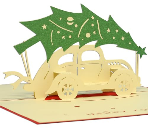 linpopup® Pop-Up Weihnachtskarte Weihnachtsbaum - 3D Weihnachtsgrußkarte mit Tannenbaum & Auto - Geschenk für Kinder, Grußkarte Frohe Weihnachten Karte für Opa, Vater, Kollege, N413