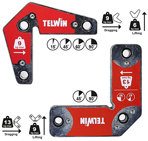 Telwin Set di Posizionatori Magnetici Multiuso per Saldatura, 2 Pezzi, 9 kg e 13 kg Forza Magnetica
