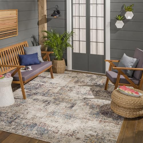 Livabliss Asward Outdoor 160x213 cm - Balkon, Terrasse, Garten, Küche, Boho Style, wetterfest in Beige und Blau