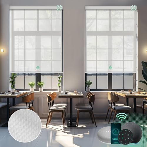 Yoolax Motorized Solar Shade Romote Control Light Filtering Roller Blinds Transparent Sight Auto Window Blinds (White)