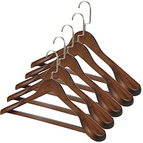 TRIXES 5 Stück Holzbügel - Kleiderbügel für Anzüge Kleider Hosen Hemden Blusen UVM - Stilvolle dunkle Eiche - rutschfest - mit Hosenbügel - Breite Schulter - Drehhaken - Farbe Braun - 45cm | Rutschfeste Holzbügel mit Hosensteg – 360° Haken – 45 cm