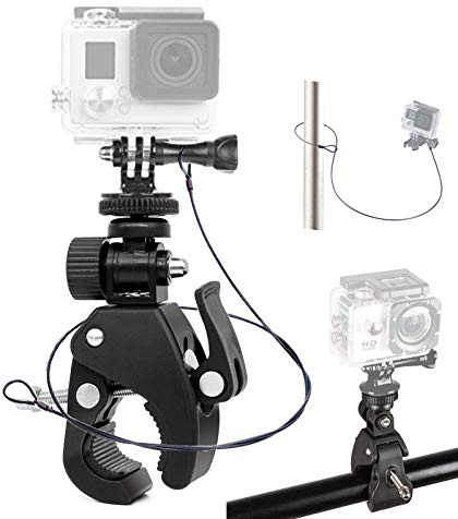 Pipe Rod Pole Clamp Handbar Mount with Stainless Steel Safety Tether for GoPro Hero 8 7 6 5 4 3+ Session Action Camera, Hunting Camera, DJI OSMO Action, LCD Monitor, DSLR Cameras, DV, Fishing Rod