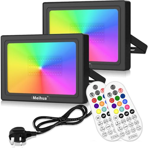 MEIHUA 60W RGB Flood Lights Outdoor Garden Lights with RF Remote Control 2P | Timer Color Changing LED Flood Lights 12Modes IP66 Waterproof for Christmas Halloween Decoration Stage Lights Gazebo Festival