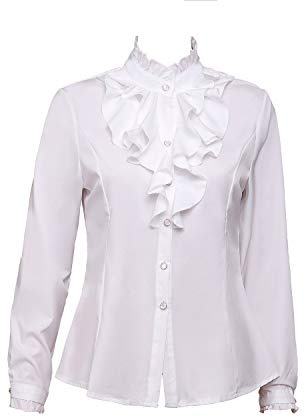 Yiluweinir Women Party Shirts Stand-Up Collar Vintage Victoria Shirts Ruffle Formal Office Blouse Working Tops L White