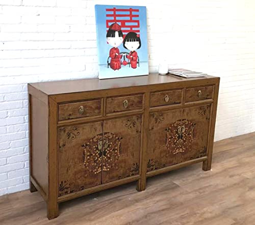 OPIUM OUTLET Chinesisches Sideboard braun orientalische Kommode Anrichte Büffet asiatisch Hochzeitsschrank Vintage Antik-Stil Shabby Chic