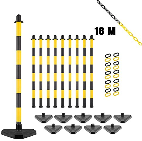TMS PRO SHOP Kettenpfostenset UNI Dreieck, 10 Stück, gelb/schwarz, mit 18 m Kette aus Kunststoff, Art.-Nr. 608139 | Kettenpfosten | Absperrpfosten | Absperrkette