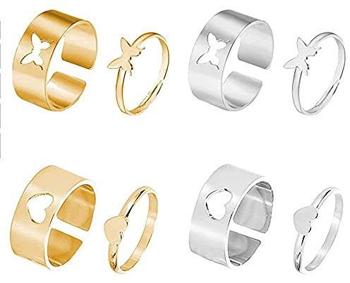 8 Pezzi Anelli Coppia Amanti, Anelli a Farfalla, Anelli Abbinate, Cuore Abbinati Anelli di Coppia, Amicizia Anelli Delicati, Lega di Zinco, Regolabili, per Regalo di San Valentino (Argento, Oro)