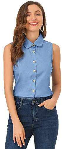 Allegra K Peter Pan Collar Chambray Blouse Shirt for Women's Casual Sleeveless Button Down Tank Top Small Blue
