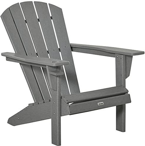 Outsunny Gartenstuhl mit Getränkehalter, Terrassenstuhl, Gartensessel, Gartenmöbel, Balkonstuhl, Adirondack, Grau, HDPE, 75 x 87 x 90 cm