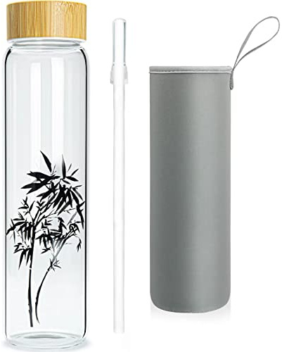 Ferexer 1l Trinkflasche Glas mit Strohhalm, Wasserflasche Glasflasche mit Bambus Deckel 1 Liter