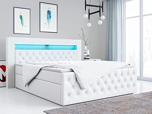 MKS MEBLE Boxspringbett 180x200 mit Led Weiß Kunstleder, Bett Polsterbett 180x200 mit LED Kopfteil, Multipocket Matratze H3, Doppelbett mit Bettkasten Stauraumbett - Gold-9 - Weiß Kunstleder