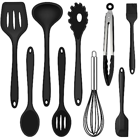 Küchenhelfer Set, Joyfair 9 Stück Schwarz Küchenutensilien Silikon, Hitzebeständiges Kochutensilien Kochgeschirr Set mit Pfannenwender Schneebesen Grillzange, Antihaft Kochbesteck zum Kochen & Backen