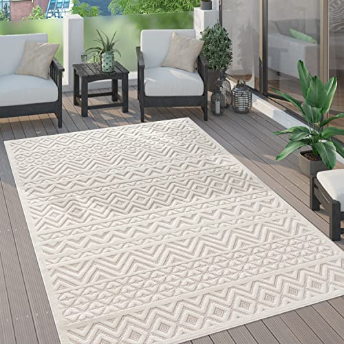 Paco Home Outdoor Teppich wetterfest & langlebig Moderne Boho-Designs mit 3D-Effekt Skandi-Look UV-beständig & robust für Balkon, Garten, Wohnzimmer & Küche, Grösse:240x340 cm, Farbe:Creme