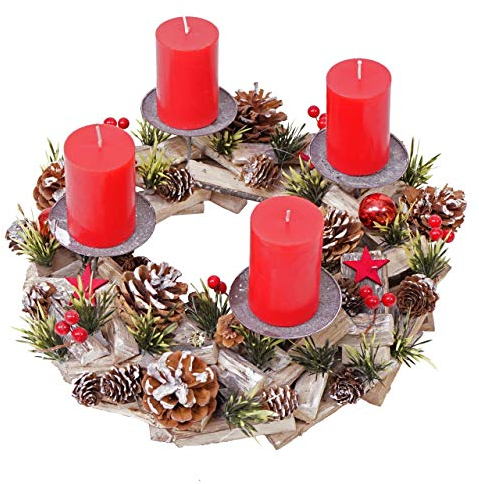 Corona de Adviento HWC-H50AM, decoración navideña, decoración navideña, madera redonda, diámetro de 33 cm, incluye 4 velas rojas