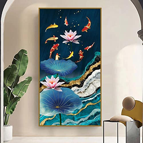 Zhaoyang Art Chinesische Neun Koi Fisch Landschaftsdrucke Feng Shui Karpfen Lotus Teich Wandkunst Bild Leinwand Gemälde Für Wohnkultur 80x162cm/32x64in Goldener Rahmen