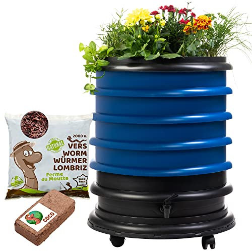 WORMbox | Wormery Worm Farm composter 4 Blue Trays + Planter + 1kg of Compost Worms / 2000 ctn + 1 Coco | 64 liters | Organic Waste Compost, make your Worm Castings