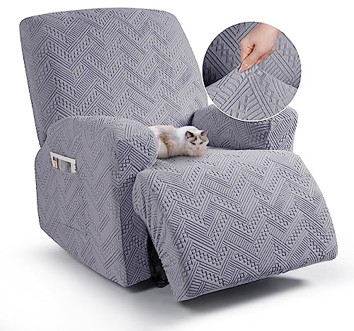TAOCOCO Jacquard Recliner Chair Slipcovers 1 Seater Armchair Sofa Covers,Stretch Recliner Settee Covers with Pockets,Washable Reclining Couch Protectors for Pets/Dogs/Kids(Light Grey)