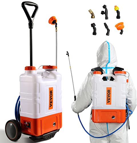 VEVOR 16 l tryckspruta batteri, ryggsäcksspruta med hjul, ryggspruta justerbart tryck 0–94 PSI, 8 munstycken, 2 trollstavar, vidhalslock för trädgård, sprutning, rengöring