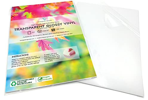 Evergreen Goods Hochwertiges, glänzendes, transparentes, selbstklebendes Vinyl, A4, für Tintenstrahldrucker geeignet, Produktetiketten, selbstklebende Rückseite, transparentes, 2 x 10 Blatt