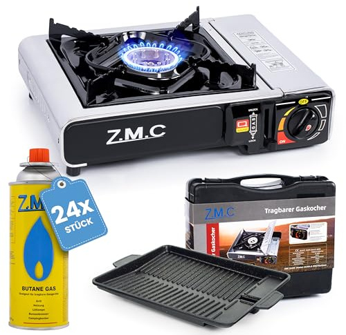 Z.M.C Gaskocher Campingkocher 1-flammig Edelstahl + Grillplatte + 24x Gas | Zündung ohne Feuerzeug | ca. 160 g/h | Plancha zum Braten | robuster Aufbewahrungskoffer