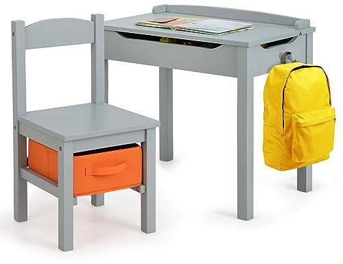 GYMAX Kids Desk and Chair Set, Wooden Children Activity Table with Chair, Storage Space & Lift-up Tabletop, Toddler Study Desk Set for Boys Girls (Grey)