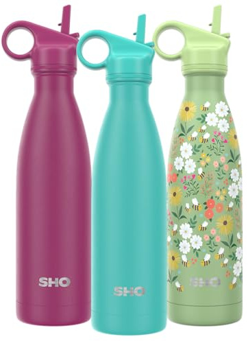 SHO Stainless Steel Water Bottle with Straw and Screw Lid - Leakproof, BPA Free, No Sweat, Vacuum Insulated Double Walled Metal Flask, 500ml - Original 2.0-12 Hours Hot 24 Hours Cold (500ml, Aqua)