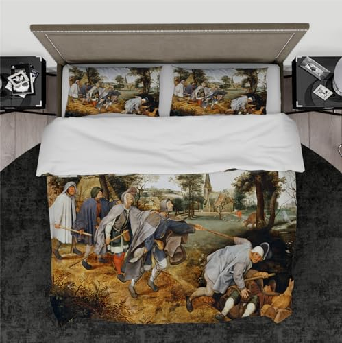 DINGSION Pieter Bruegel der Ältere Bettwäsche-Set 3-teilig Die Blinden, die die Blinden führen 1568 Schlafzimmer-Bettwäsche-Set mit 2 Kissentüchern 4 Krawatten Reißverschluss 210 x 210 cm