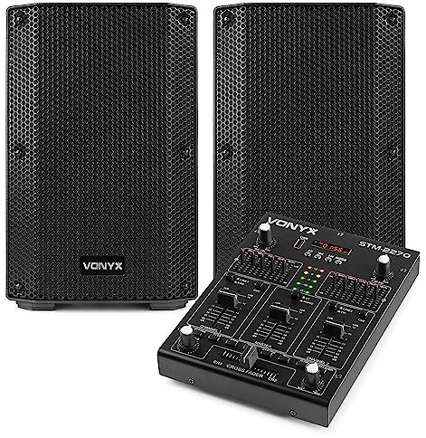 VONYX VSA08BT Active DJ Speaker Package with Bluetooth Mixer, 500W Bi-Amplified 8-Inch Speakers, USB MP3 Playback, Sound Effects, Beginner DJ Set, Complete PA System for Events & Live Performances