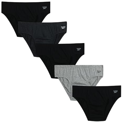 Reebok Mens Low Rise Briefs - 5 Pack Soft Mens Cotton Underwear Briefs with Supportive Contour No Fly Pouch for Everyday Wear, Size Medium, Black/Heather Grey/Charcoal Heather