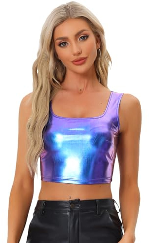 Allegra K Donna Top Corto Lucido Metallizzato Crop Top Senza Maniche con Scollo a U Canottiera Canotta da Ballo Clubwear per Nightclub Party