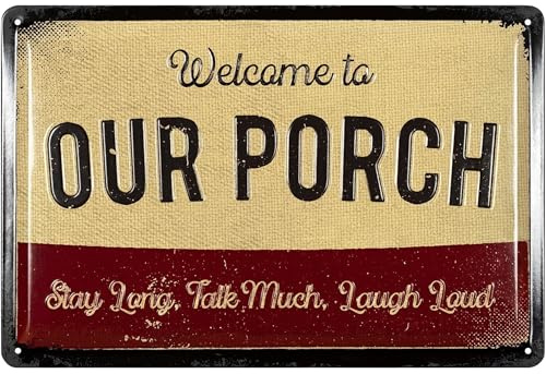 LANOLU Retro Blechschild Welcome To Our Porch - Lieblingsplatz Platz Schild in englisch, Lustige und dekorative Schilder für Garten und Balkon, 20x30cm