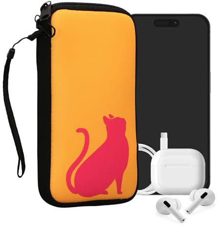 kwmobile Handytasche für Smartphones XL - 6,7/6,8 - Neopren Handy Tasche Hülle Cover Case Schutzhülle - Umriss Katze Pink Honiggelb - 17,2 x 8,4 cm Innenmaße
