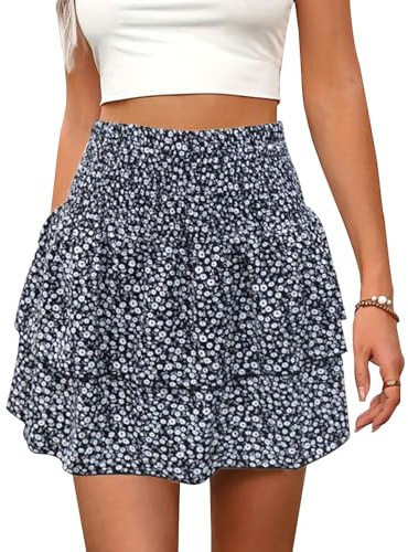 XFSRG Faldas Mujer Verano Cortas con Volantes Florales De Verano De Cintura Alta Lindas Minifalda Básica Multifuncional Casual Chic de Noche Playa Vacaciones Falda