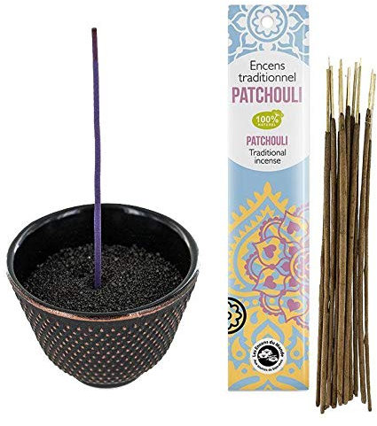 Porte-encens coupelle en Fonte Noir et doré + Encens Indien au Patchouli