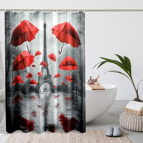 Cortina de ducha con paraguas rojo, diseño artístico de la Torre Eiffel de París, decoración de baño, cortina de ducha moderna de tela impermeable para verano y primavera, con ganchos, 62 x 72