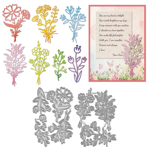 WADORN 7 x Stanzschablone Mit Blumenstrauß. Wildblumen Blätter Bouquet Präge Stanzset Mit Vorlagen Für Scrapbooking Blumen/Blätterrahmen Metall Stanzformen
