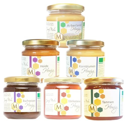 Josef Muhr BIOLAND Honig 6×250 g – Unsere Besonderen Bio Honige, Arberland, Kornblumen, Edelkastanien, Buchweizen, Heide und Tannen - Deutscher Honig - naturbelassen – Probier-Set im Glas
