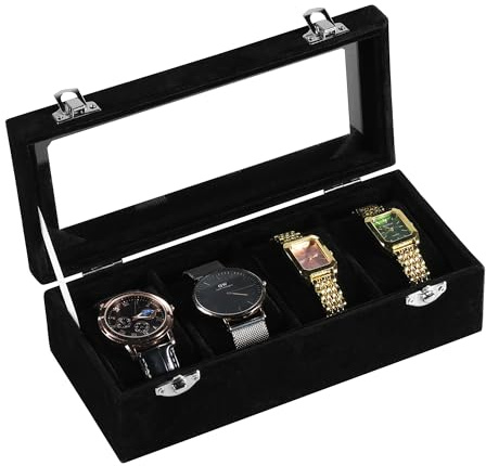 Frebeauty Uhrenbox für 4 Uhren Damen Herren, Uhrenkasten mit Glasdeckel | Weiches Samtmaterial, Uhren Organizer Mit Kissen, Uhrenaufbewahrung, Uhrenhalter, Staubgeschützt, Metallverschluss