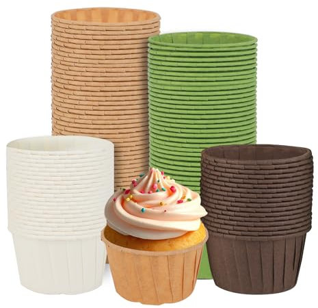 200 Pirottini per Muffin in Carta - Muffin - Pirottini, Pura Carta di Legno, Impermeabile ai Grassi, per Dessert, Feste, Party, Matrimoni (Bianco, Verde, Naturale, Marrone Scuro)