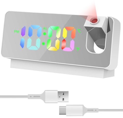 GOMETY Wecker mit Projektion, Projektionswecker Spiegelwecker mit Temperaturanzeige & Großem LED Display 180° Drehbar USB Betrieben Digitaler Wecker mit Deckenprojektion Schlafzimmer (Weiß)