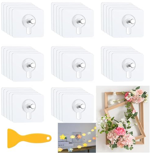 Belvanr 40 Stück Transparent Klebehaken Bilderhaken Ohne Bohre, Bilderhaken Selbstklebend, Klebehaken Bilderrahmen ohne Bohren mit Kleiner Schaber, für Bilder, Poster, Fotos, Dekorative Gemälde