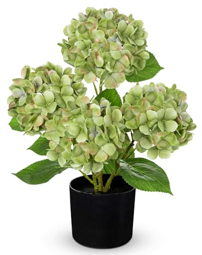 Hollyone Fiori artificiali di ortensia in vaso nero, 19 cm, grandi ortensie finte in seta rossa, fiori decorativi in vaso per la decorazione della casa, soggiorno, tavolo, scrivania, decorazioni per