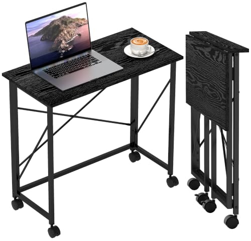HOMCOM Small Folding Desk, 80 cm on Wheels for Small Space, Black | Foldable Computer Desk, Easy Assembly, Space Saving Writing Table, Home Office, Bedroom