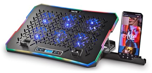 NGS Hero Stand - Base Refrigeradora para Portátil, 6 Ventiladores Silenciosos, Pantalla LCD, RGB, Altura Ajustable, 2 Puertos USB, Soporte para Smartphone, Antideslizante, 2400 RPM