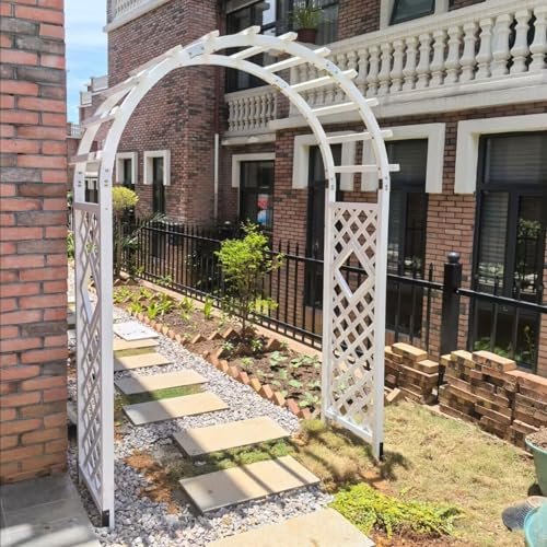 AJTXCSFOQL Rosenbogen Pergola aus Holz Weiß Gartenbogen, 210 225 237 247 260 cm Rankgitter Laubengang Torbogen mit 4X Erdspießen, Rankbogen Spalier Rankhilfe für Kletterpflanzen(120x210cm)
