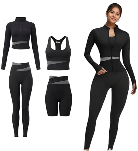 ZiaWorld Ensemble de yoga 4 pièces pour femme avec fermeture éclair - Veste à manches longues - Leggings de sport rembourrés - Pour course à pied, fitness - Survêtement sans couture, Noir , L