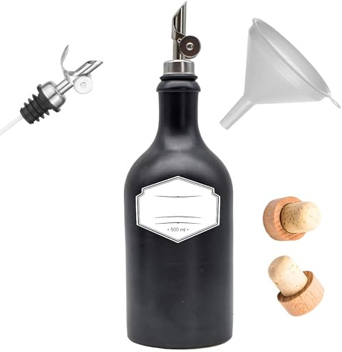 Ölflasche Keramik mit Free-Flow-Ausgießer 500 ml schwarz inkl. Ø 8 cm Trichter, Holzkorken und wasserfestes Etikett