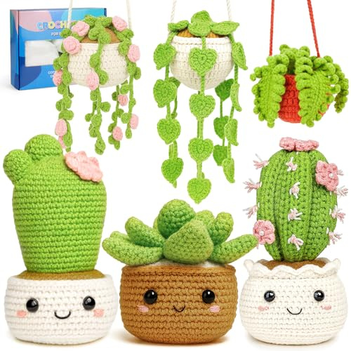 Malloom 6 Pcs DIY Crochet Hanging Plants Kit Beginner Set with Bonus Yarn (40%+ Extra) and Step by Step Videos Perfect Knitting and Crocheting Starter Set