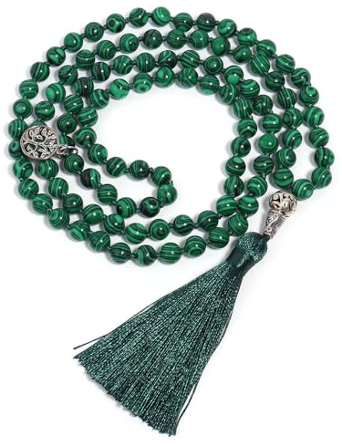 Generisch 108 Mala-Perlen-Knotenkette für Männer und Frauen,Natürliches Malachit-Steinarmband,Lange Halskette Mit Quaste,Gebet,Spirituelle Meditation,Schmuck,Geschenke,Lebensbaum